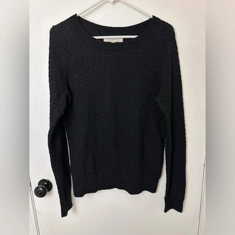 LOFT Black Wool and Rabbit Fur Blend Texture Sweater Silver tassel threads #1438